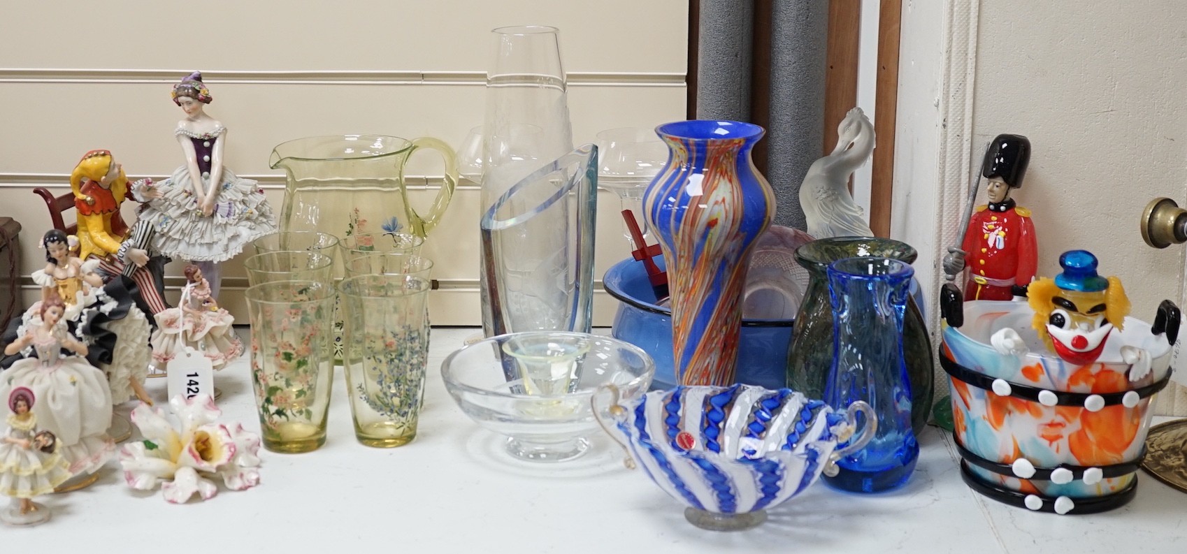 Six porcelain figures, a Murano labelled two handled dish and mixed glassware